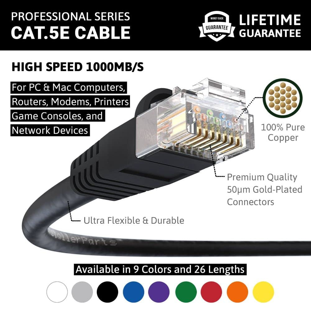 (10 Pack Ethernet Cable CAT5E Cable UTP Booted 20 FT - Black - Professional Series - 1Gigabit/Sec Network/Internet Cable, 350MHZ