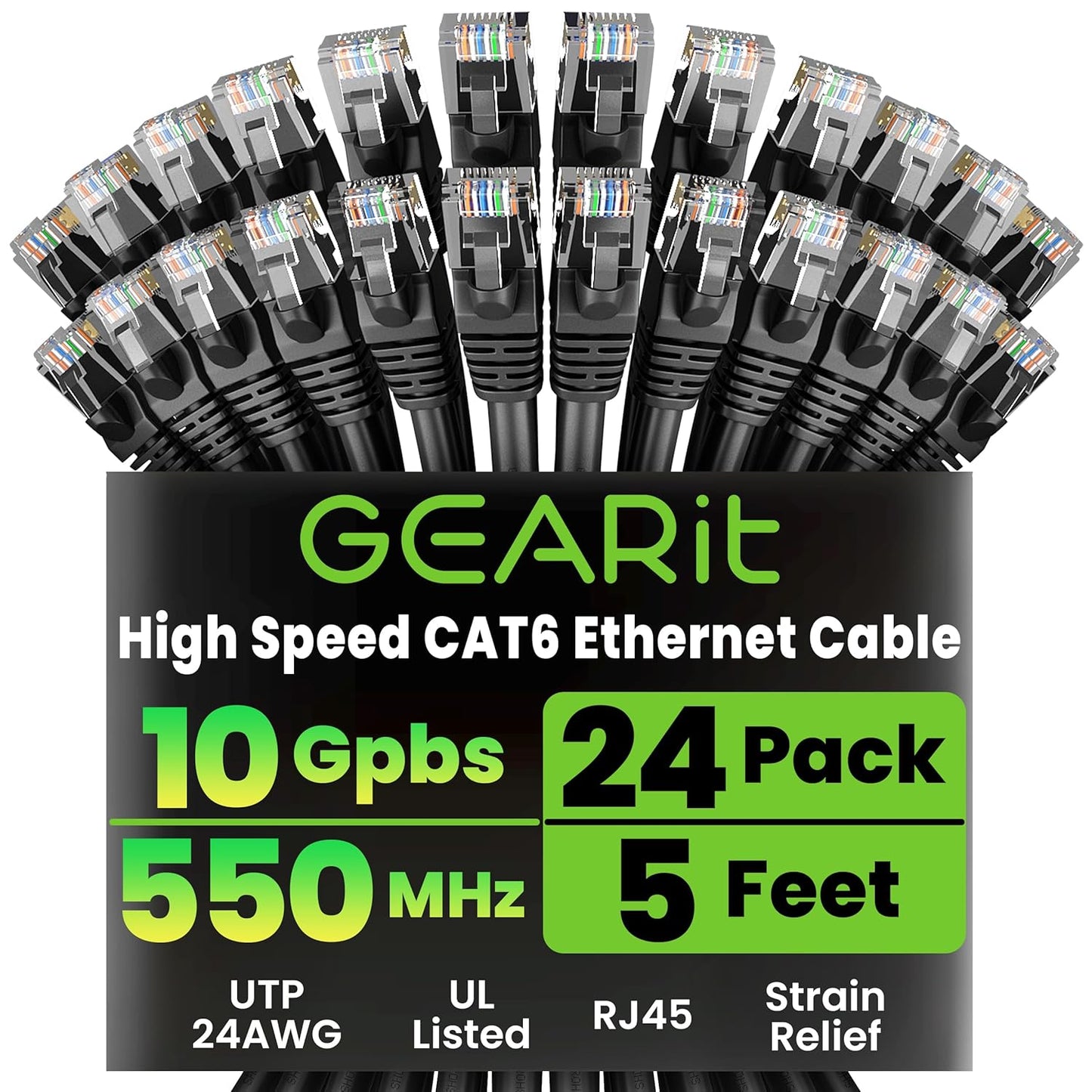 Cat 6 Ethernet Cable Pack - 24-Pack 5 Ft Cat6 Ethernet Patch Cables | RJ45 Network Patch Cable, 10 Gbps Snagless Gold-Plated Connectors - Ethernet Cable Cat 6 for PC, TV, Router - Black