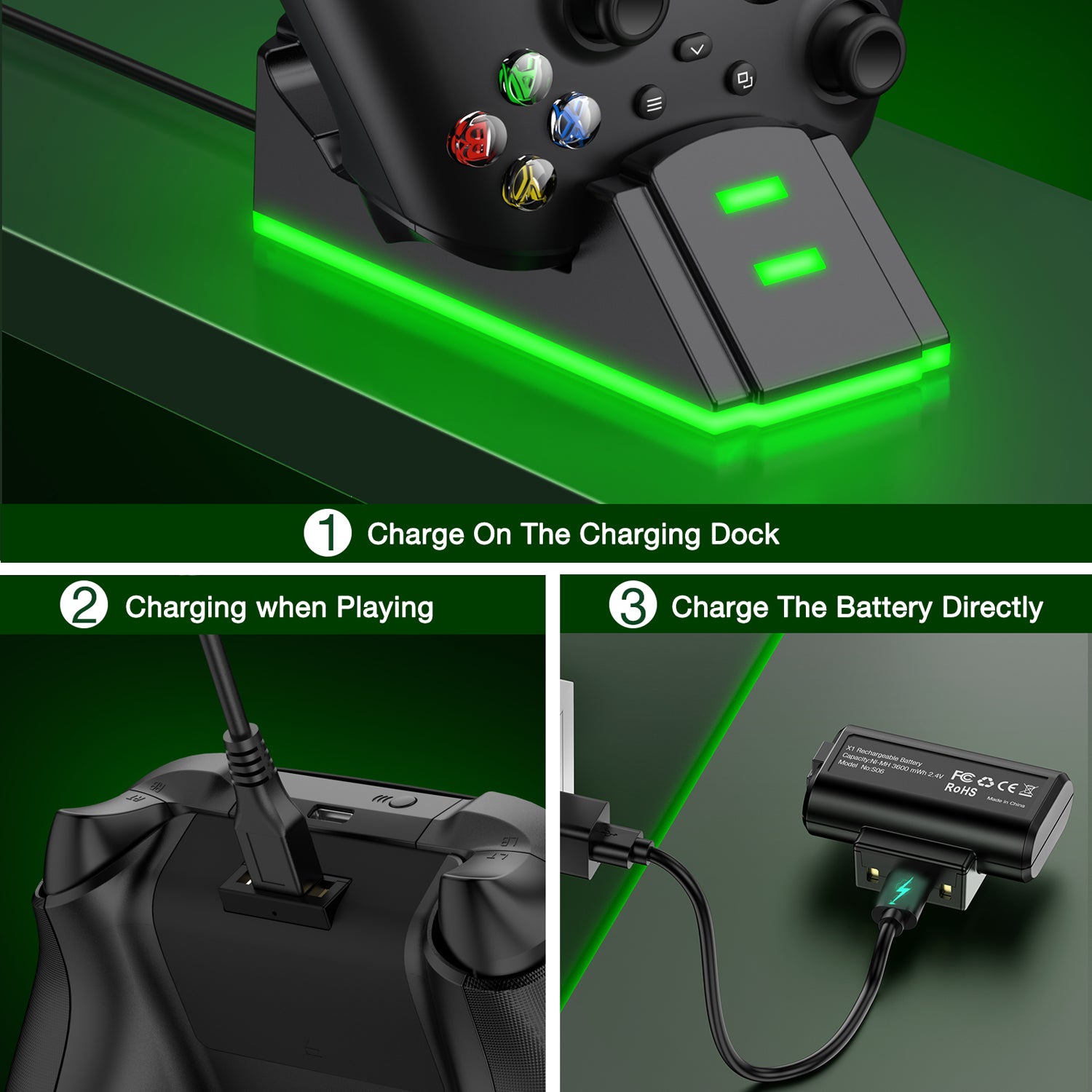 Xbox Charging Station with 2 X 1200Mah(3600Mwh)Rechargeable Battery Pack for Xbox Series X|S/Xbox One/Xbox One S/X/Elite Controller, Black, S06