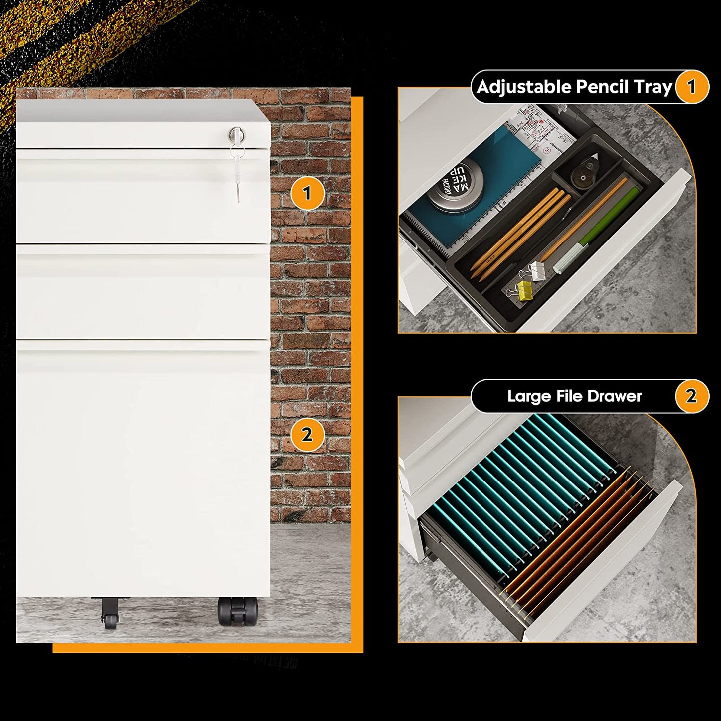 3-Drawer Mobile File Cabinet (Under Office Desk), Assembled except Casters, Fits Letter/Standard Sizes, White