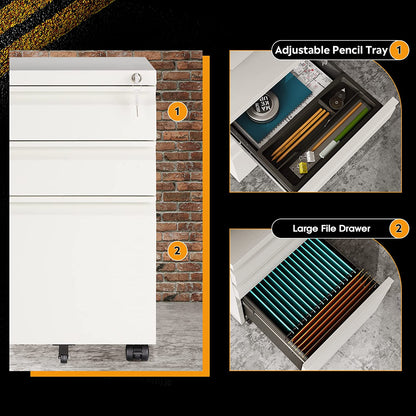 3-Drawer Mobile File Cabinet (Under Office Desk), Assembled except Casters, Fits Letter/Standard Sizes, White