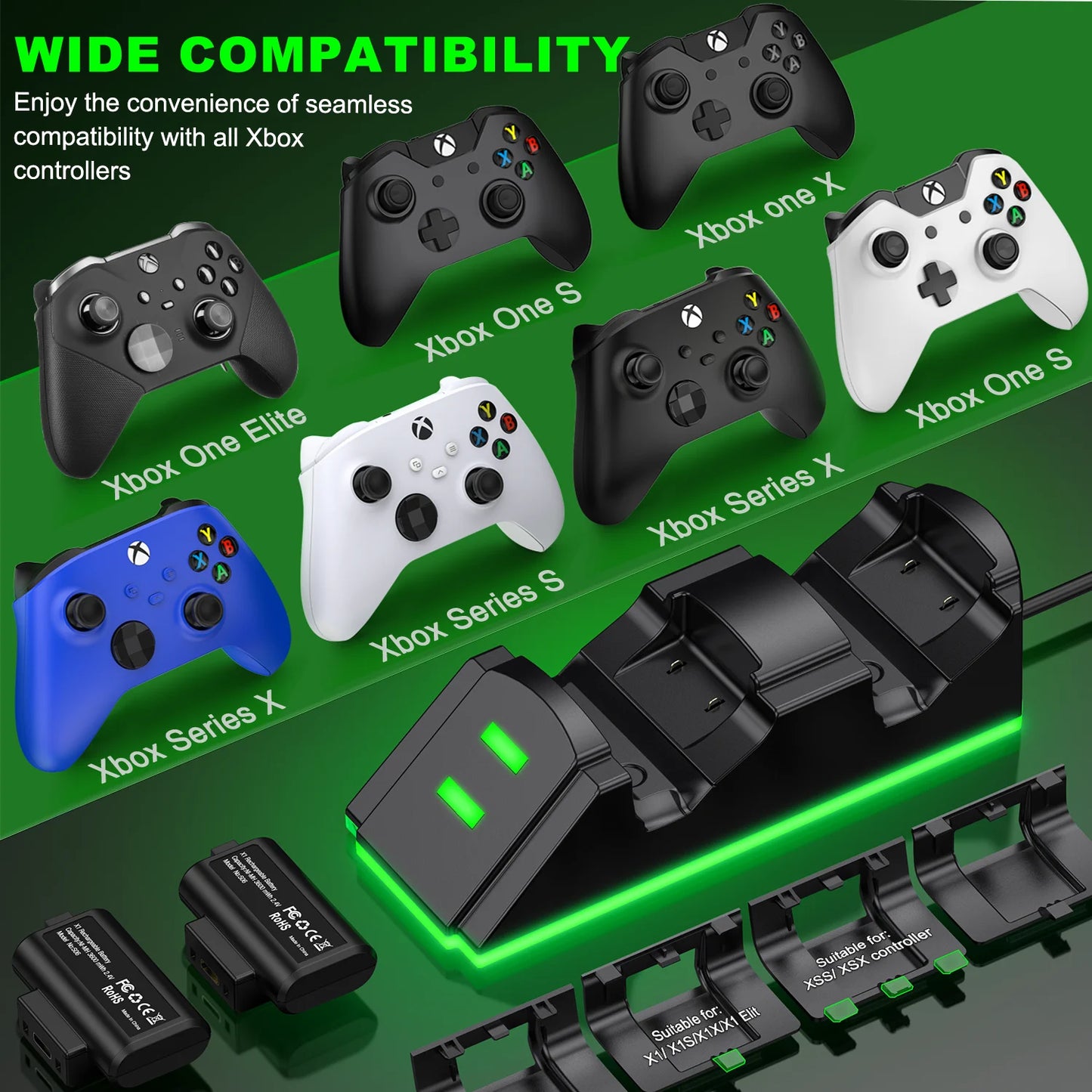 Xbox Charging Station with 2 X 1200Mah(3600Mwh)Rechargeable Battery Pack for Xbox Series X|S/Xbox One/Xbox One S/X/Elite Controller, Black, S06