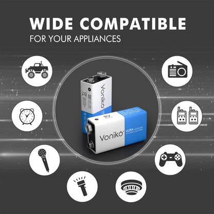 9V Batteries - Alkaline 9V Battery 4 Pack - Ultra Long Lasting with a 7 - Year Shelf Life