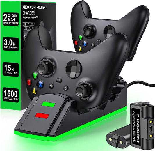 Xbox Charging Station with 2 X 1200Mah(3600Mwh)Rechargeable Battery Pack for Xbox Series X|S/Xbox One/Xbox One S/X/Elite Controller, Black, S06
