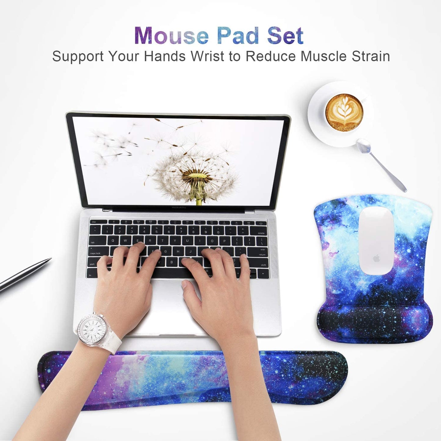 Mouse Pad with Wrist Support and Keyboard Wrist Rest Pad Set,Ergonomic Mouse Pads for Computers Laptop,Non-Slip Comfortable Mousepad W/Raised Memory Foam for Easy Typing & Pain Relief (Galaxy)