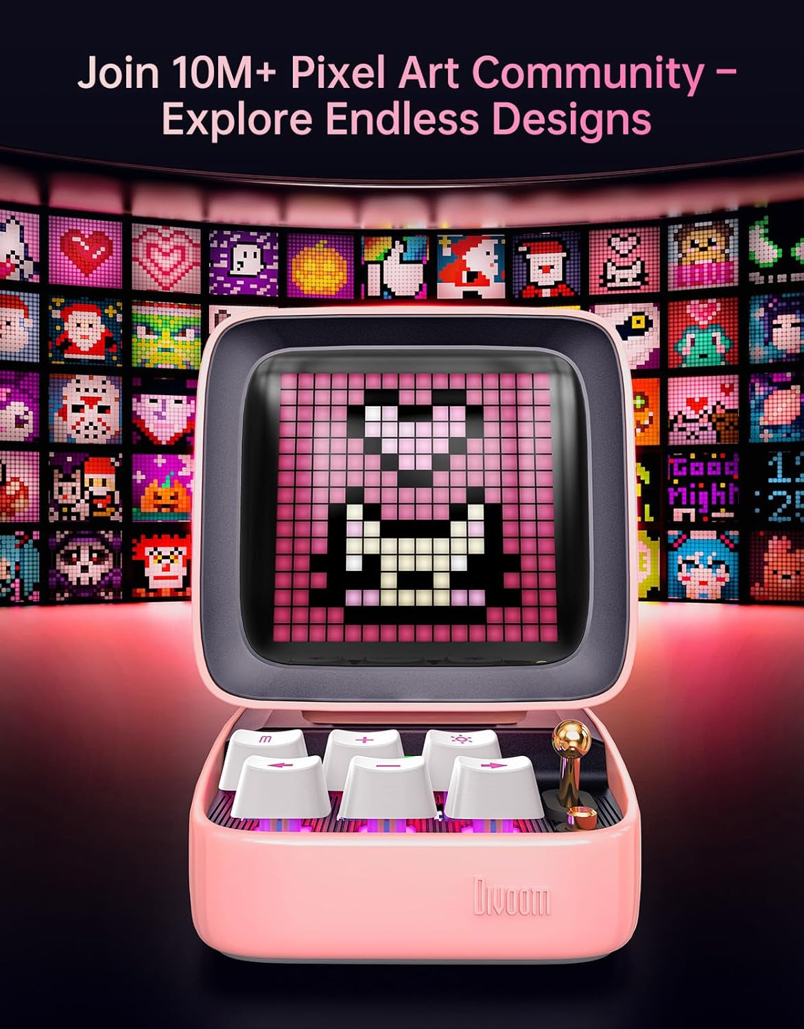 Ditoo Retro Pixel Art Game Bluetooth Speaker with 16X16 LED App Controlled Front Screen (Pink)