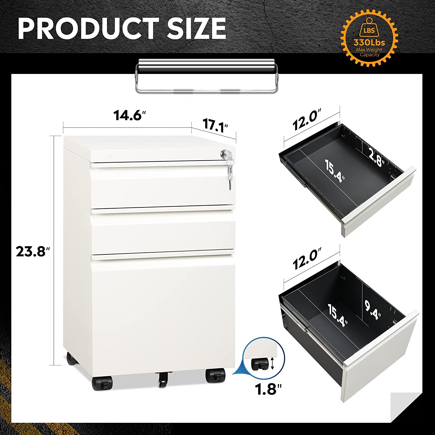 3-Drawer Mobile File Cabinet (Under Office Desk), Assembled except Casters, Fits Letter/Standard Sizes, White