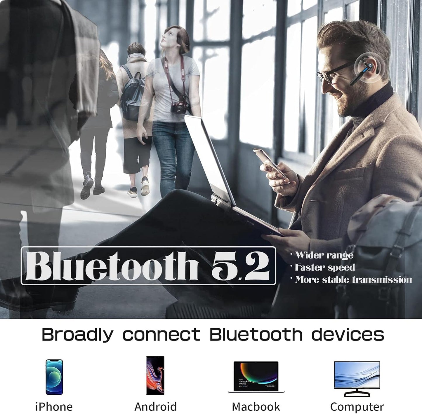 Single-Ear Bluetooth Earpiece with Noise Cancelling – Wireless Hands-Free Headset for Iphone & Cell Phones, Built-In Mic, 10Hrs Battery Life