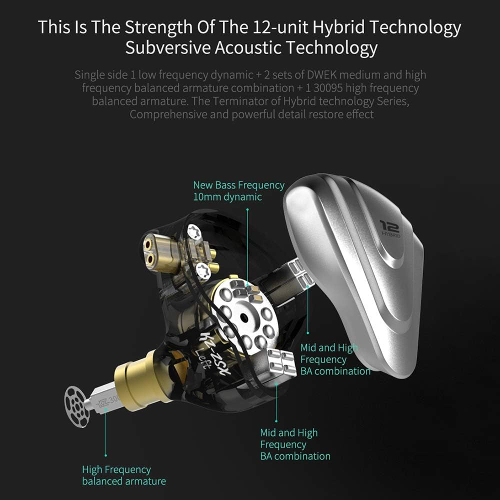 KZ ZSX 5BA+1DD 6 Driver Hybrid In-Ear Hifi Earphones with Zinc Alloy Faceplate, Recessed 2 Pin Detachable Cable for Audiophile Musician (Without Mic, Black)